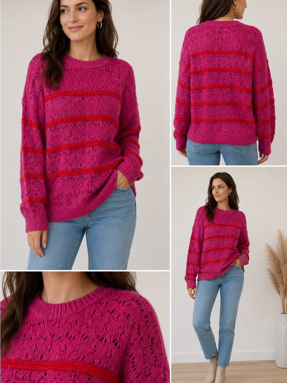 MANGO MNG Pink Red Openwork Knit Striped Sweater Size M